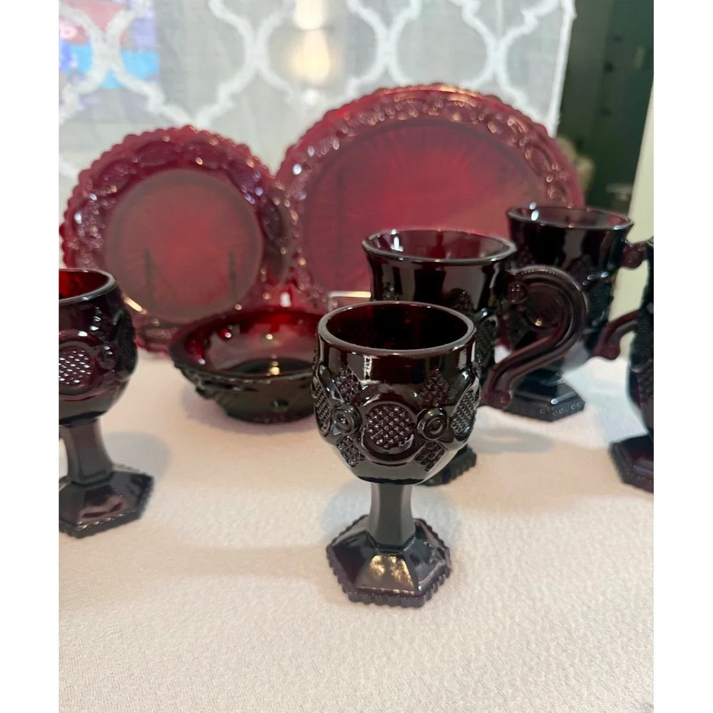 Vintage Avon 1876 Ruby Red Glass Dinnerware Set Plates Mugs Goblets Bowls
